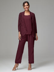3 Pieces Delicate Chiffon Lace Mother of Bride Dress Pant Suits