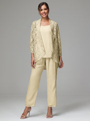 3 Pieces Delicate Chiffon Lace Mother of Bride Dress Pant Suits