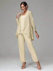 3 Pieces Delicate Chiffon Lace Mother of Bride Dress Pant Suits