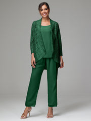 3 Pieces Delicate Chiffon Lace Mother of Bride Dress Pant Suits