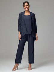 3 Pieces Delicate Chiffon Lace Mother of Bride Dress Pant Suits