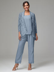 3 Pieces Delicate Chiffon Lace Mother of Bride Dress Pant Suits