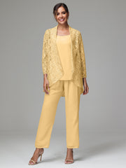 3 Pieces Delicate Chiffon Lace Mother of Bride Dress Pant Suits