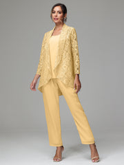 3 Pieces Delicate Chiffon Lace Mother of Bride Dress Pant Suits