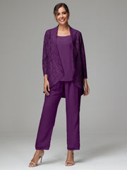 3 Pieces Delicate Chiffon Lace Mother of Bride Dress Pant Suits