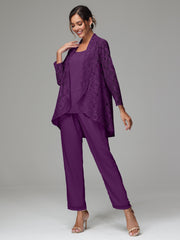 3 Pieces Delicate Chiffon Lace Mother of Bride Dress Pant Suits