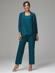 3 Pieces Delicate Chiffon Lace Mother of Bride Dress Pant Suits