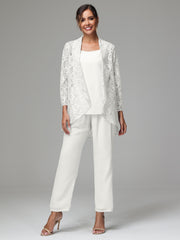 3 Pieces Delicate Chiffon Lace Mother of Bride Dress Pant Suits