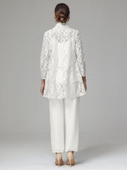 3 Pieces Delicate Chiffon Lace Mother of Bride Dress Pant Suits