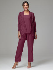 3 Pieces Delicate Chiffon Lace Mother of Bride Dress Pant Suits