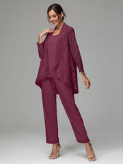 3 Pieces Delicate Chiffon Lace Mother of Bride Dress Pant Suits