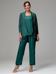3 Pieces Delicate Chiffon Lace Mother of Bride Dress Pant Suits