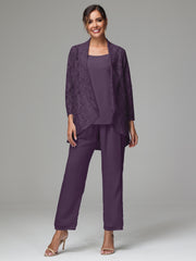 3 Pieces Delicate Chiffon Lace Mother of Bride Dress Pant Suits