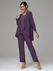 3 Pieces Delicate Chiffon Lace Mother of Bride Dress Pant Suits
