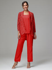 3 Pieces Delicate Chiffon Lace Mother of Bride Dress Pant Suits