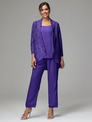 3 Pieces Delicate Chiffon Lace Mother of Bride Dress Pant Suits