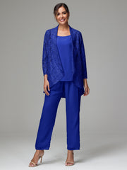 3 Pieces Delicate Chiffon Lace Mother of Bride Dress Pant Suits