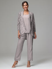 3 Pieces Delicate Chiffon Lace Mother of Bride Dress Pant Suits
