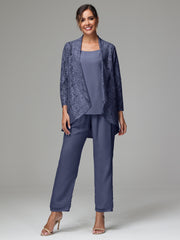 3 Pieces Delicate Chiffon Lace Mother of Bride Dress Pant Suits