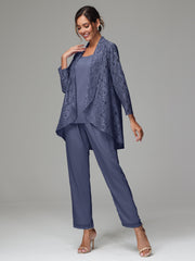 3 Pieces Delicate Chiffon Lace Mother of Bride Dress Pant Suits