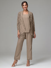 3 Pieces Delicate Chiffon Lace Mother of Bride Dress Pant Suits