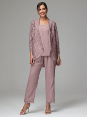 3 Pieces Delicate Chiffon Lace Mother of Bride Dress Pant Suits