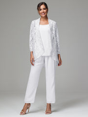 3 Pieces Delicate Chiffon Lace Mother of Bride Dress Pant Suits