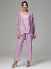3 Pieces Delicate Chiffon Lace Mother of Bride Dress Pant Suits