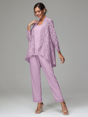 3 Pieces Delicate Chiffon Lace Mother of Bride Dress Pant Suits