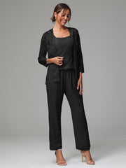 3 Pieces Long Sleeves Chiffon Lace Mother Of The Bride Dress Pants Suits