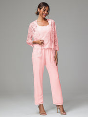 3 Pieces Long Sleeves Chiffon Lace Mother Of The Bride Dress Pants Suits