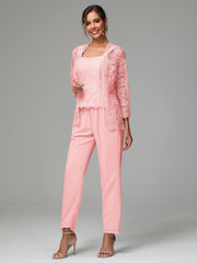 3 Pieces Long Sleeves Chiffon Lace Mother Of The Bride Dress Pants Suits
