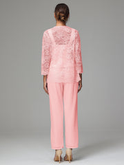 3 Pieces Long Sleeves Chiffon Lace Mother Of The Bride Dress Pants Suits