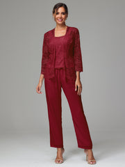 3 Pieces Long Sleeves Chiffon Lace Mother Of The Bride Dress Pants Suits