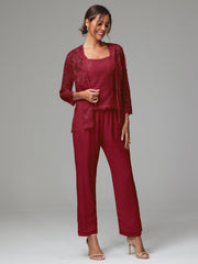3 Pieces Long Sleeves Chiffon Lace Mother Of The Bride Dress Pants Suits