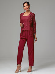 3 Pieces Long Sleeves Chiffon Lace Mother Of The Bride Dress Pants Suits