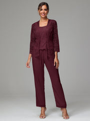 3 Pieces Long Sleeves Chiffon Lace Mother Of The Bride Dress Pants Suits