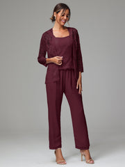 3 Pieces Long Sleeves Chiffon Lace Mother Of The Bride Dress Pants Suits