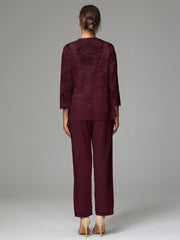3 Pieces Long Sleeves Chiffon Lace Mother Of The Bride Dress Pants Suits
