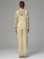 3 Pieces Long Sleeves Chiffon Lace Mother Of The Bride Dress Pants Suits