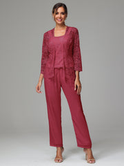 3 Pieces Long Sleeves Chiffon Lace Mother Of The Bride Dress Pants Suits