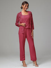 3 Pieces Long Sleeves Chiffon Lace Mother Of The Bride Dress Pants Suits