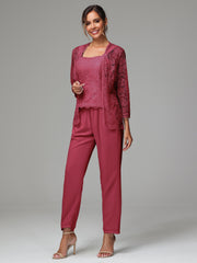 3 Pieces Long Sleeves Chiffon Lace Mother Of The Bride Dress Pants Suits