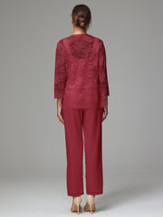 3 Pieces Long Sleeves Chiffon Lace Mother Of The Bride Dress Pants Suits