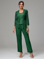 3 Pieces Long Sleeves Chiffon Lace Mother Of The Bride Dress Pants Suits