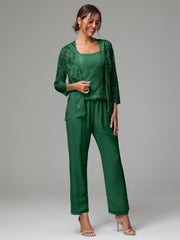 3 Pieces Long Sleeves Chiffon Lace Mother Of The Bride Dress Pants Suits