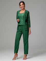 3 Pieces Long Sleeves Chiffon Lace Mother Of The Bride Dress Pants Suits