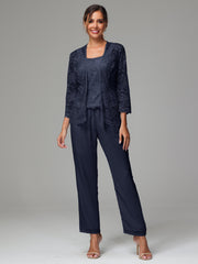 3 Pieces Long Sleeves Chiffon Lace Mother Of The Bride Dress Pants Suits