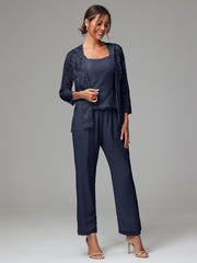 3 Pieces Long Sleeves Chiffon Lace Mother Of The Bride Dress Pants Suits