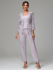 3 Pieces Long Sleeves Chiffon Lace Mother Of The Bride Dress Pants Suits